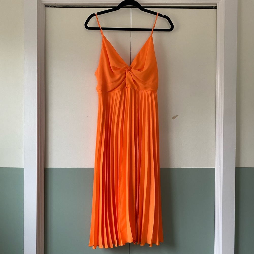 ASOS Neon Orange Pleated Midi Dress